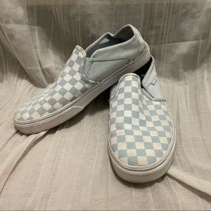 Blue checkerboard slip on vans